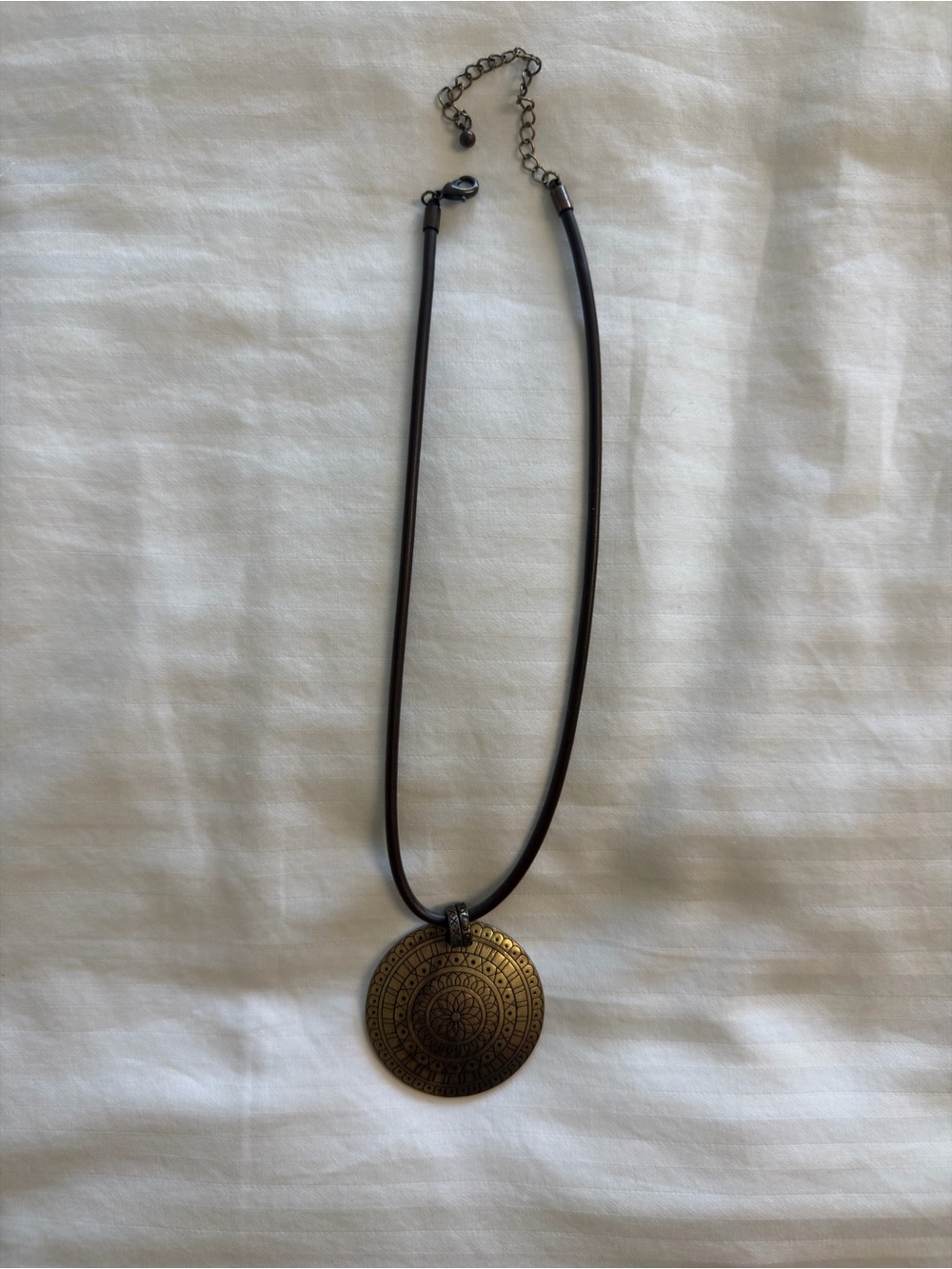 Bronze Circle Mandala Pendant Necklace in Brown Cord